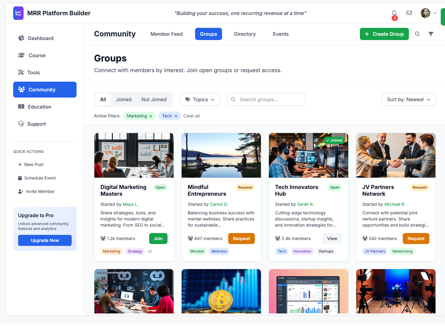 Community groups interface showing member groups, filters, and engagement features