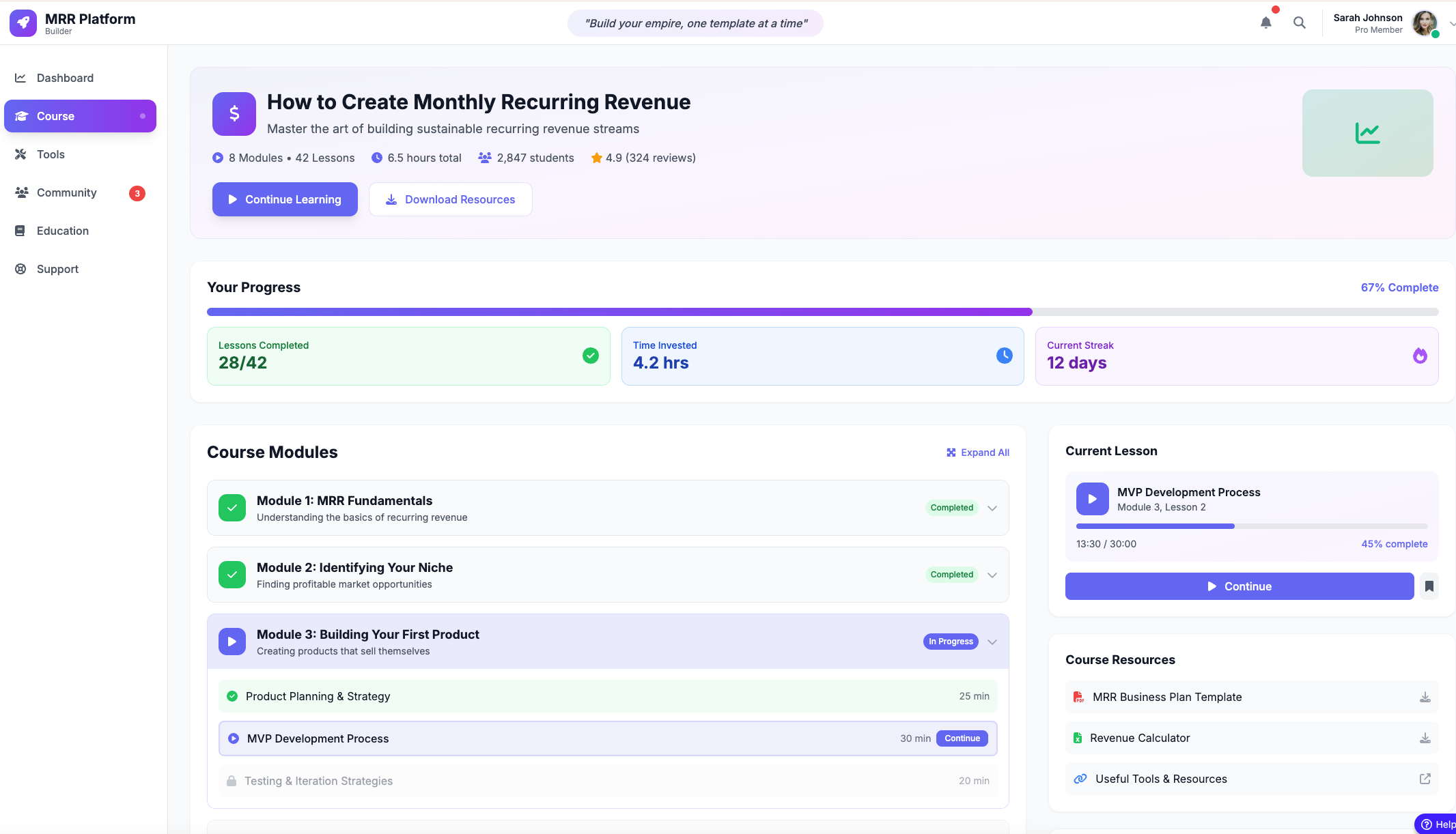 Course platform interface showing progress tracking and modules