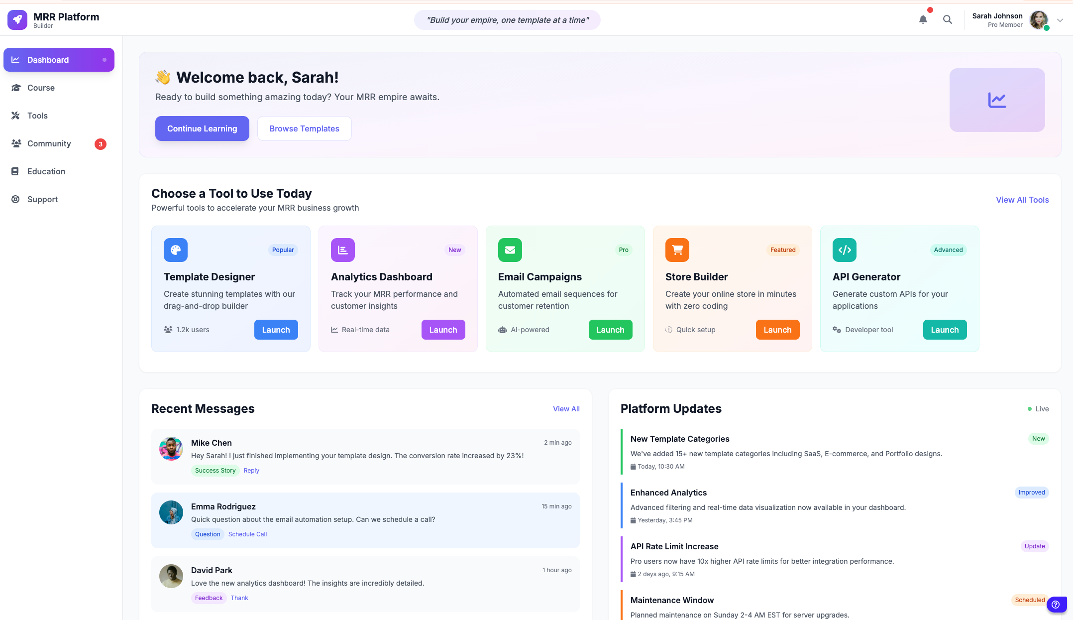 MRR Platform Builder Dashboard showing tools, messages, and platform updates